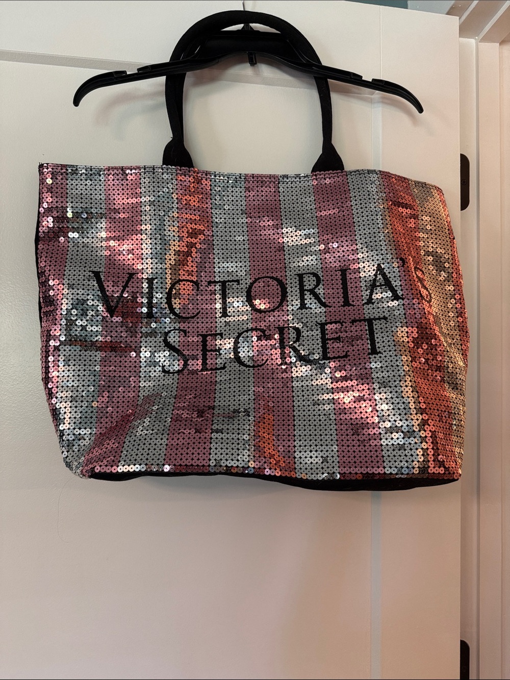 Victoria's Secret Pink and Silver Sequin Striped Tote